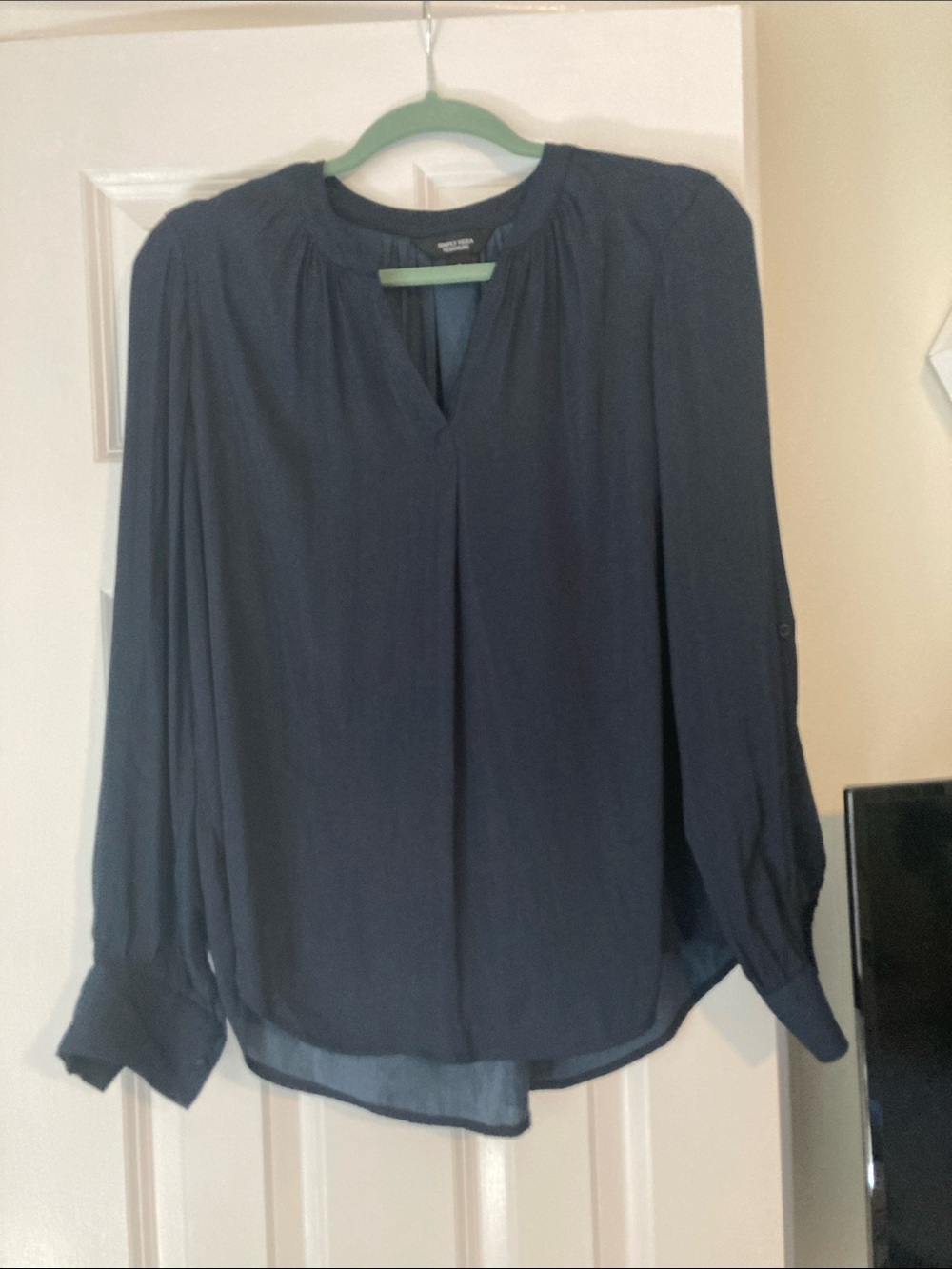 Express Navy Long-Sleeve Split V-Neck Blouse